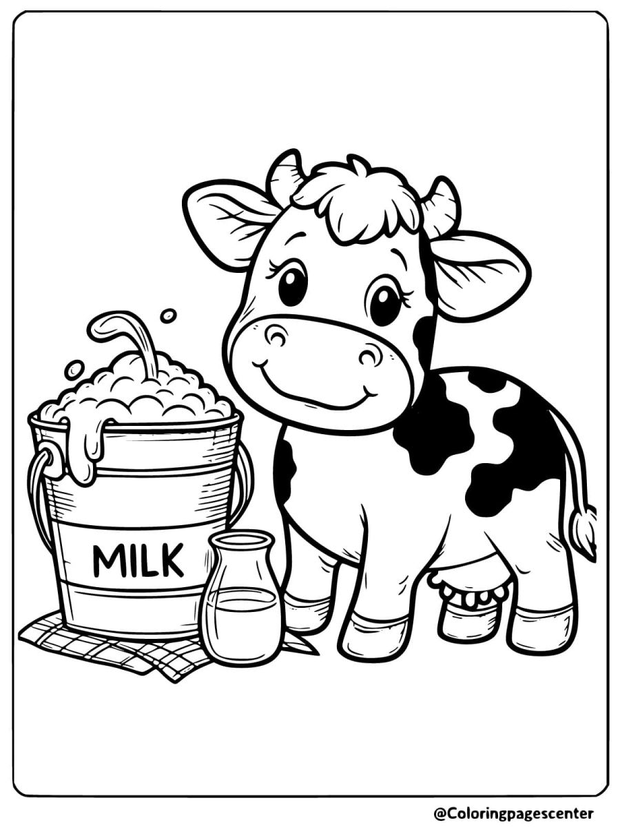 Coloring page featuring a cow with a bucket of milk