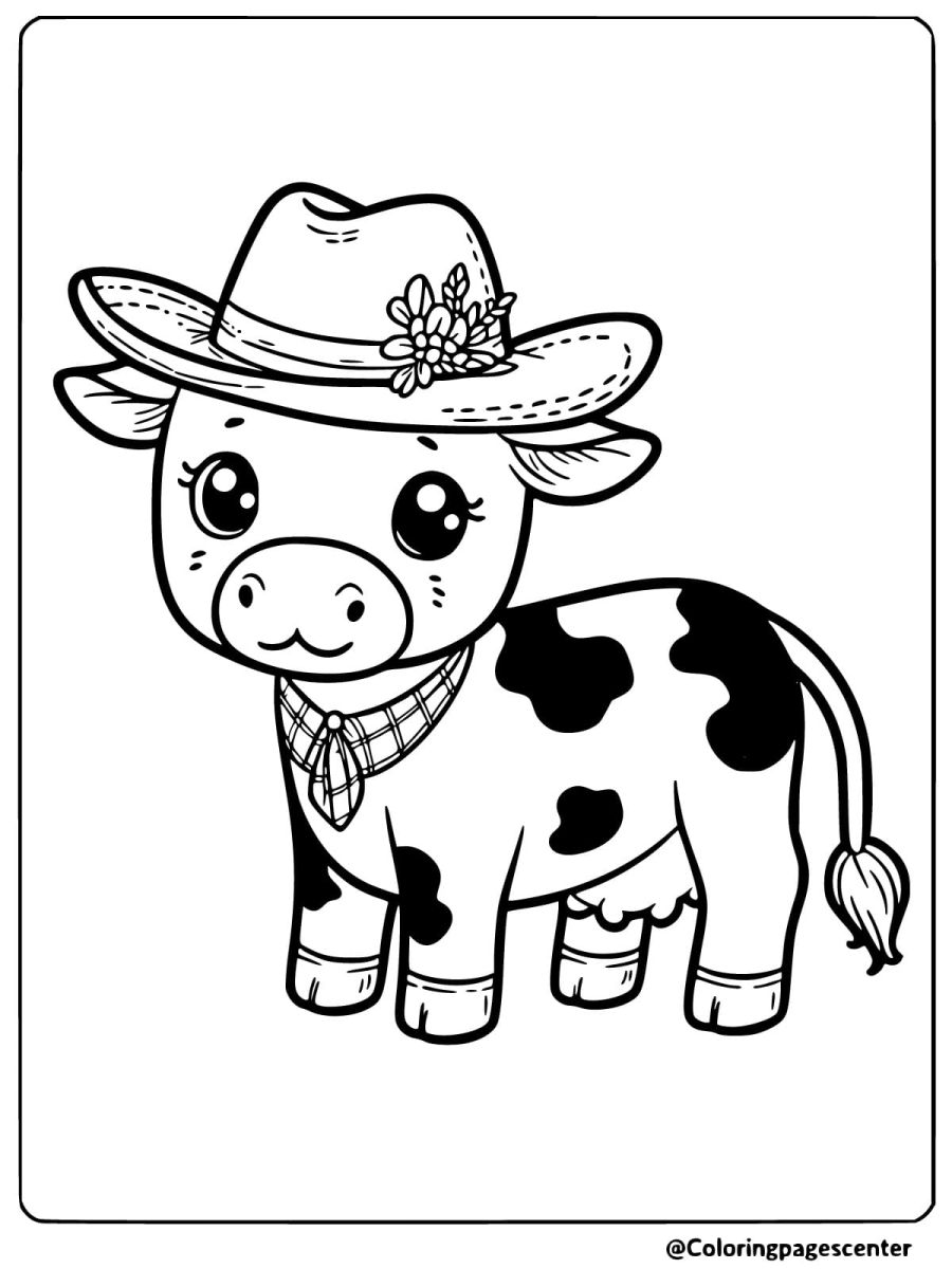 Coloring page of a cow wearing a cowboy hat