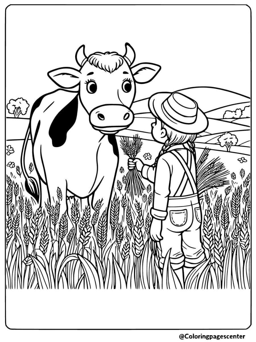 Coloring page of a cow standing with a farmer in the field