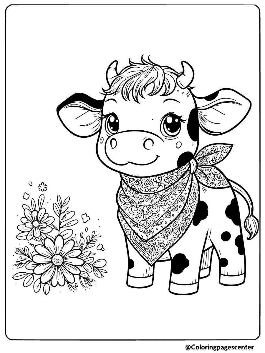 Coloring page of a cow wearing a patterned scarf