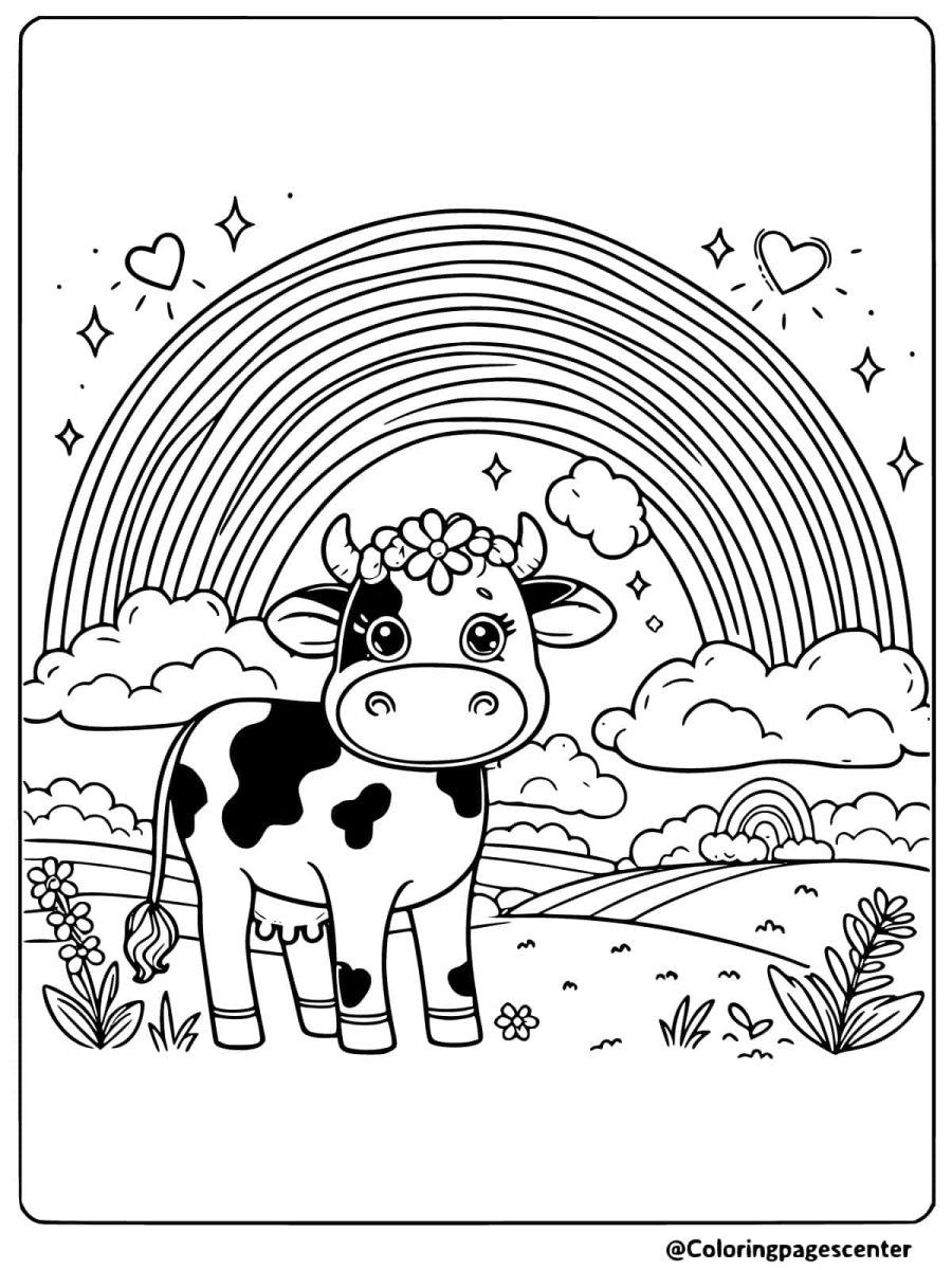 Coloring page of a cow with a rainbow background