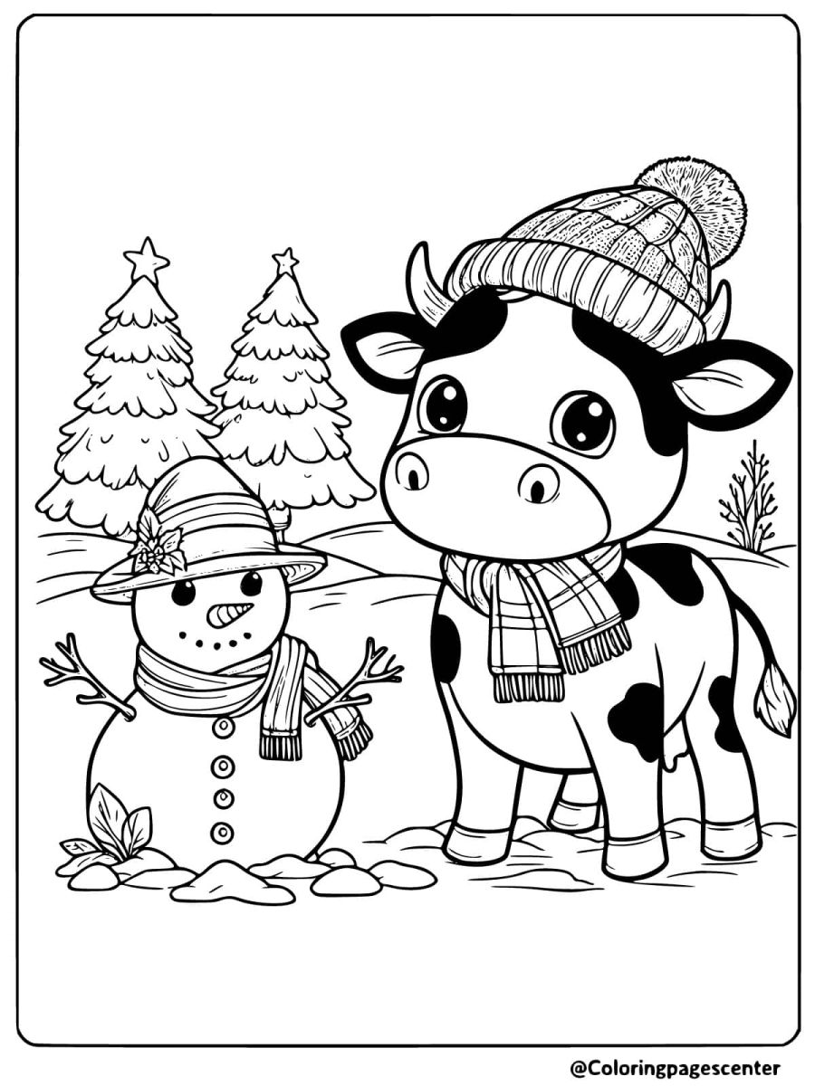 Coloring page of a cow with a snowman in winter