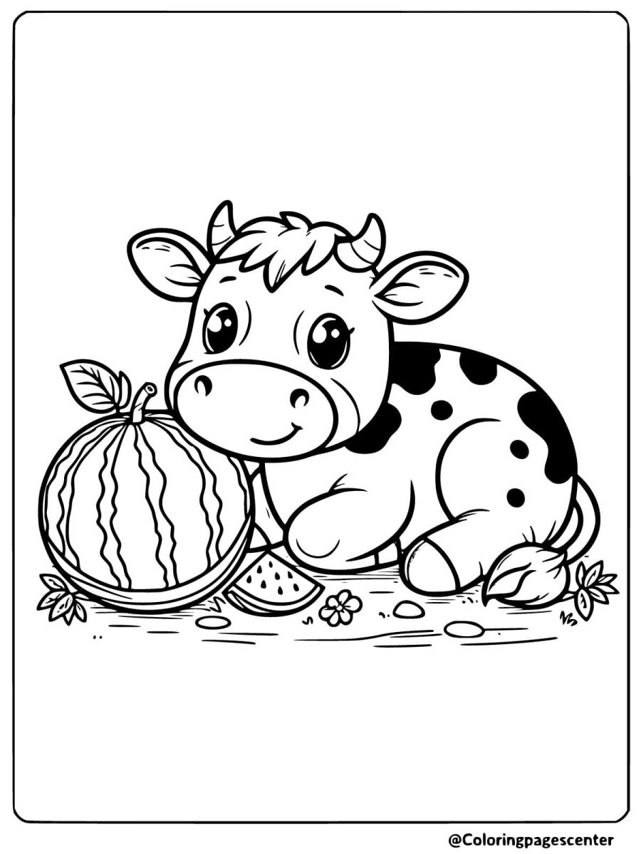 Coloring page of a cow sitting with a watermelon