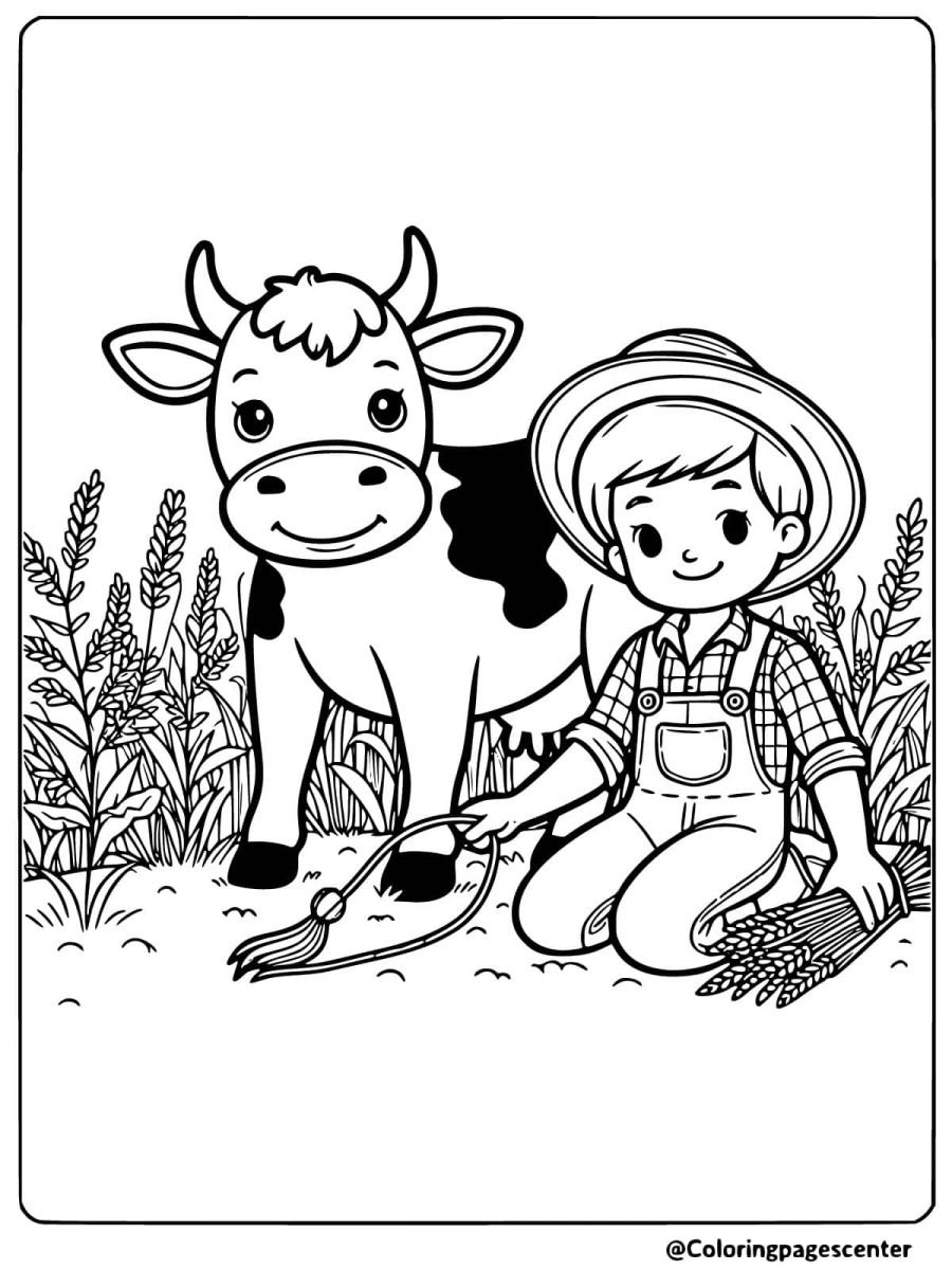 Coloring page of a cow with a young farmer