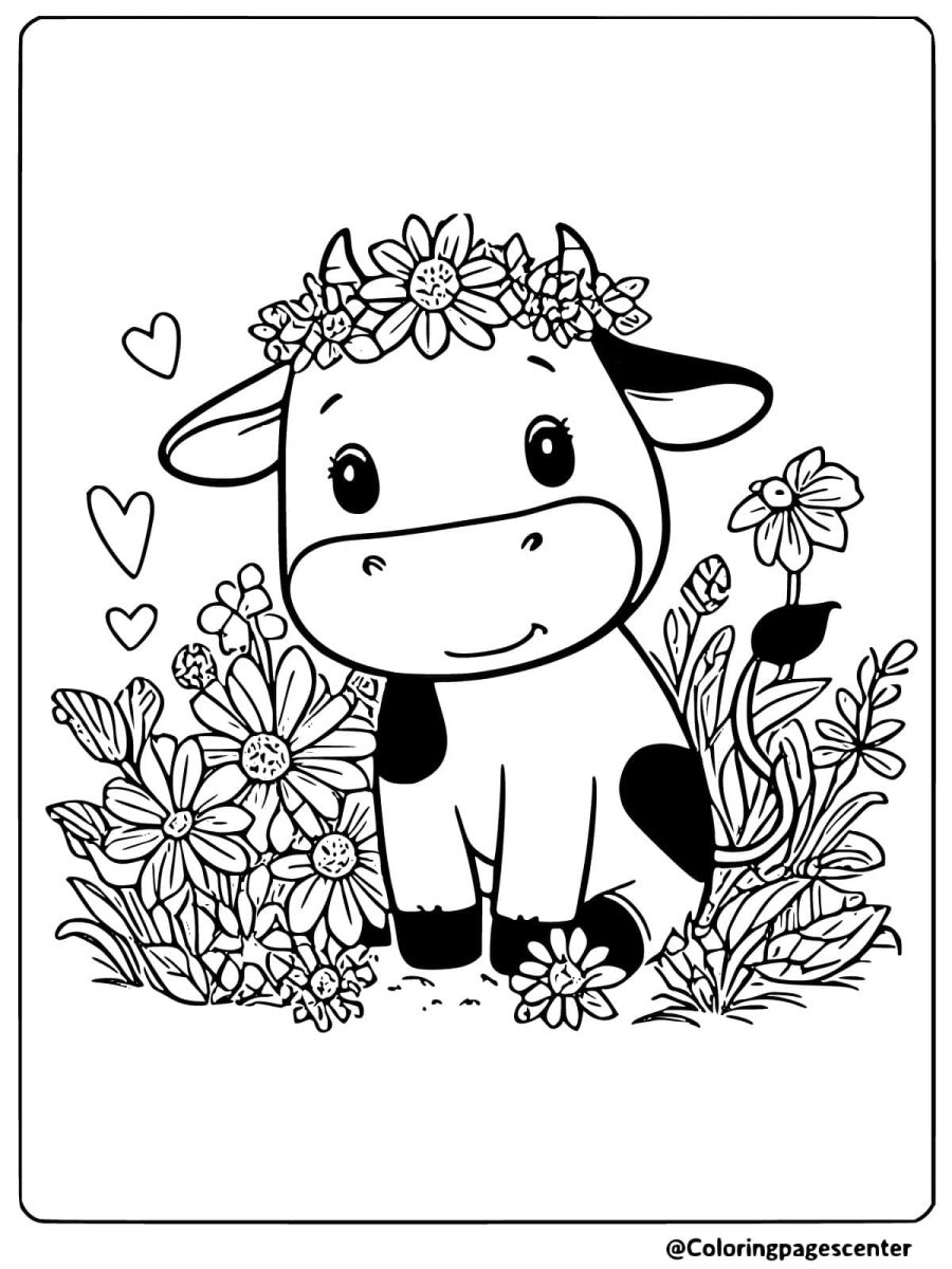 Coloring page of a cow wearing a flower crown