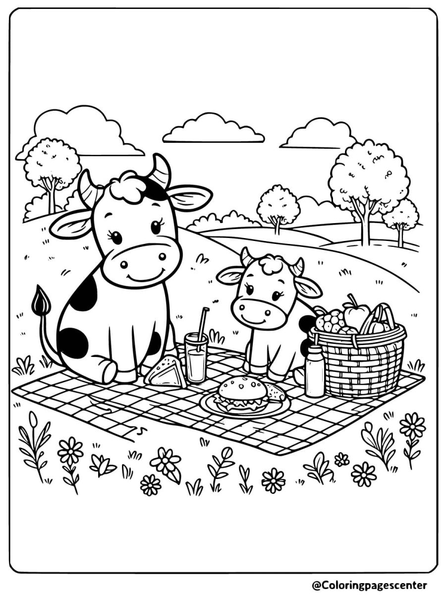 Coloring page of two cows having a picnic