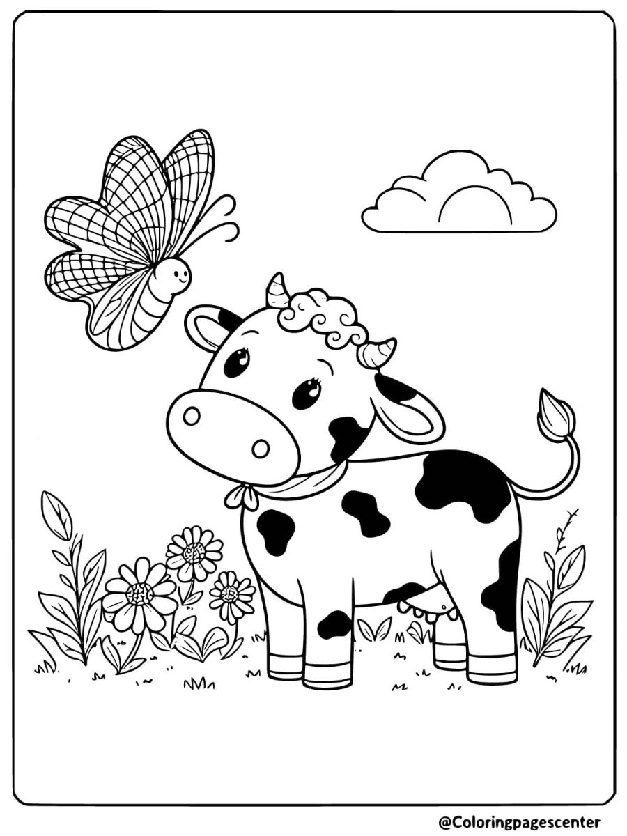 Coloring page of a cute cow looking at a butterfly