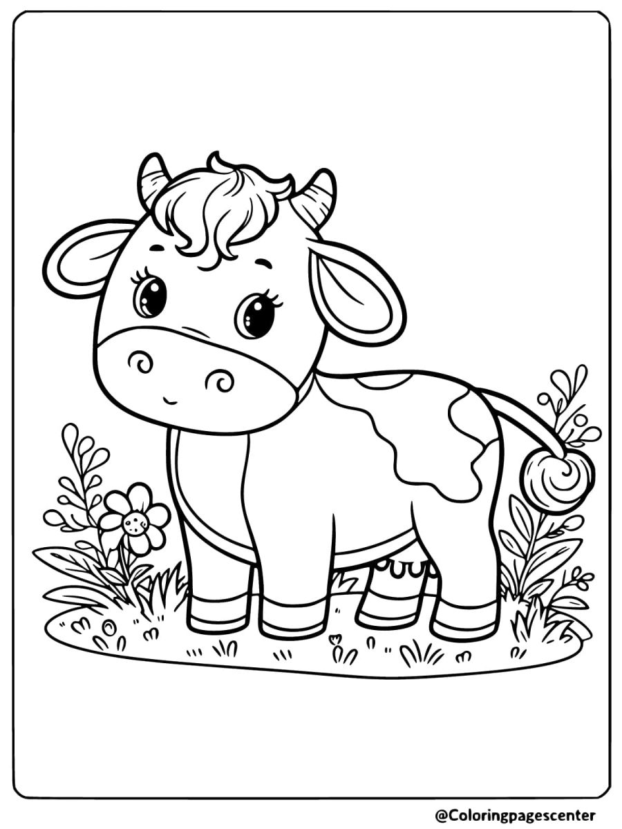 Coloring page of a cute cow standing in a garden