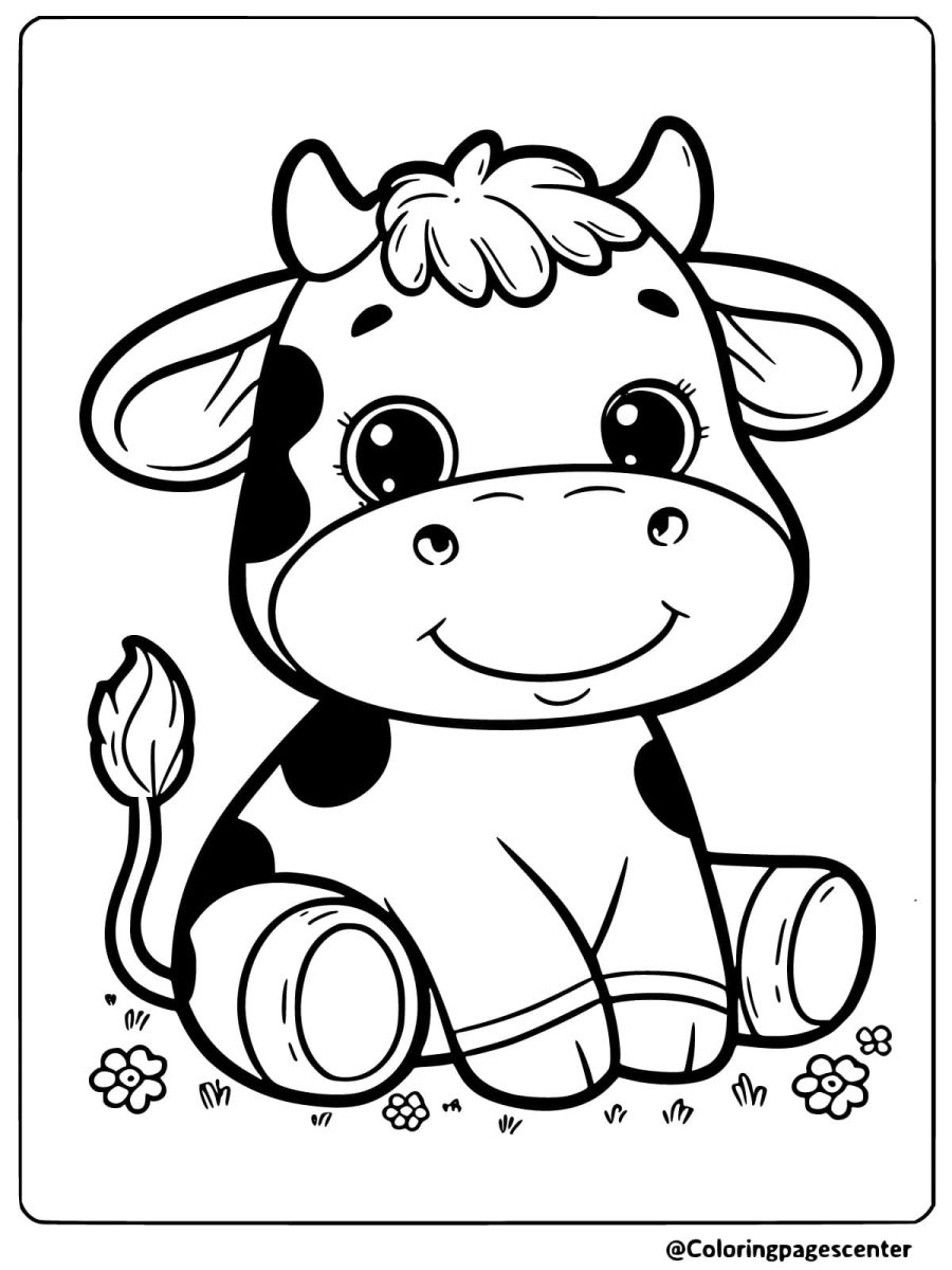 Coloring page of a happy cow sitting in a field