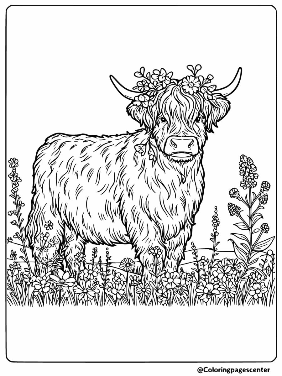 Coloring page of a highland cow in a flower field