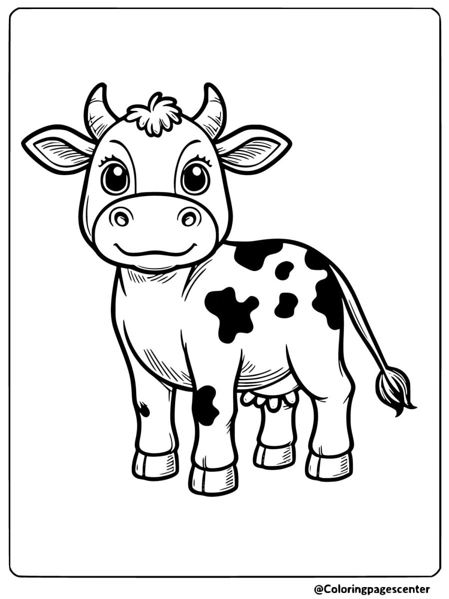 Coloring page of a smiling cow standing upright