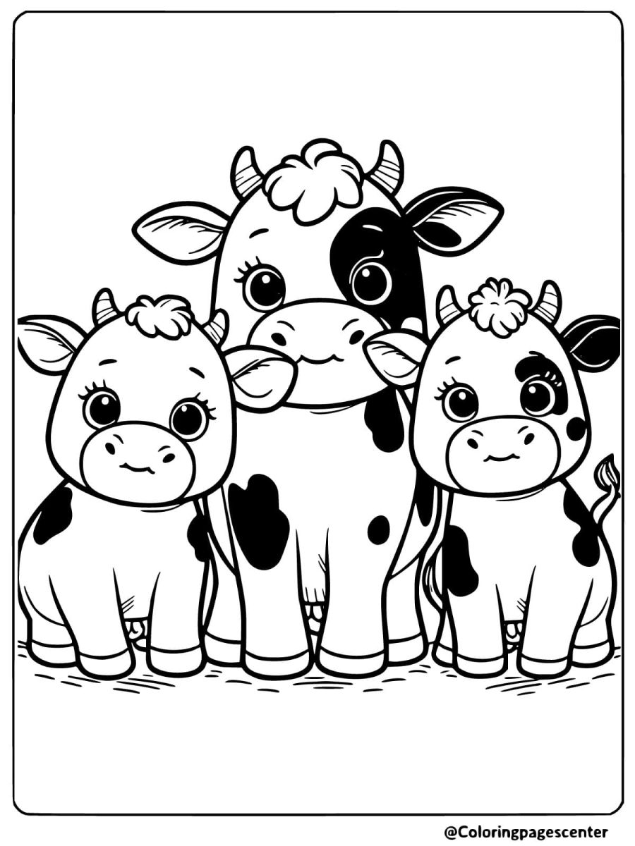 Coloring page featuring three cows standing together