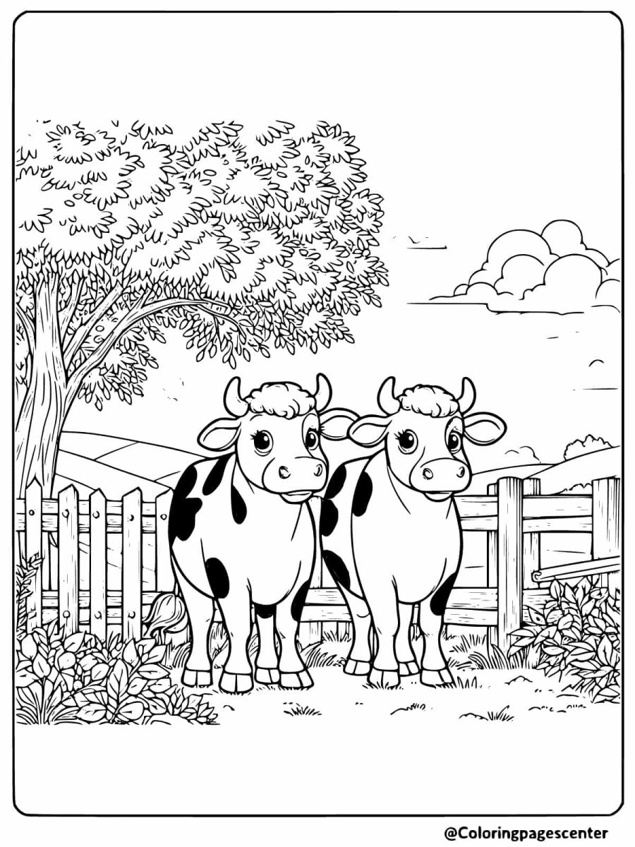 Coloring page featuring two cows standing by a fence