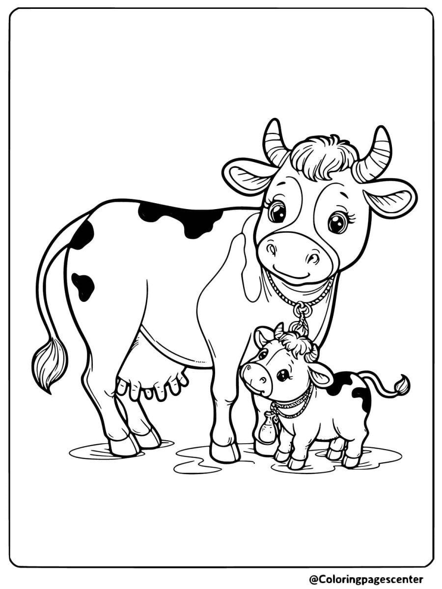 Coloring page of a cow and its calf standing close