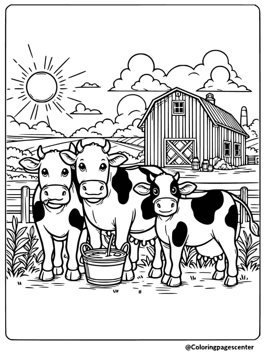 Coloring page featuring cows under the sun at a farm