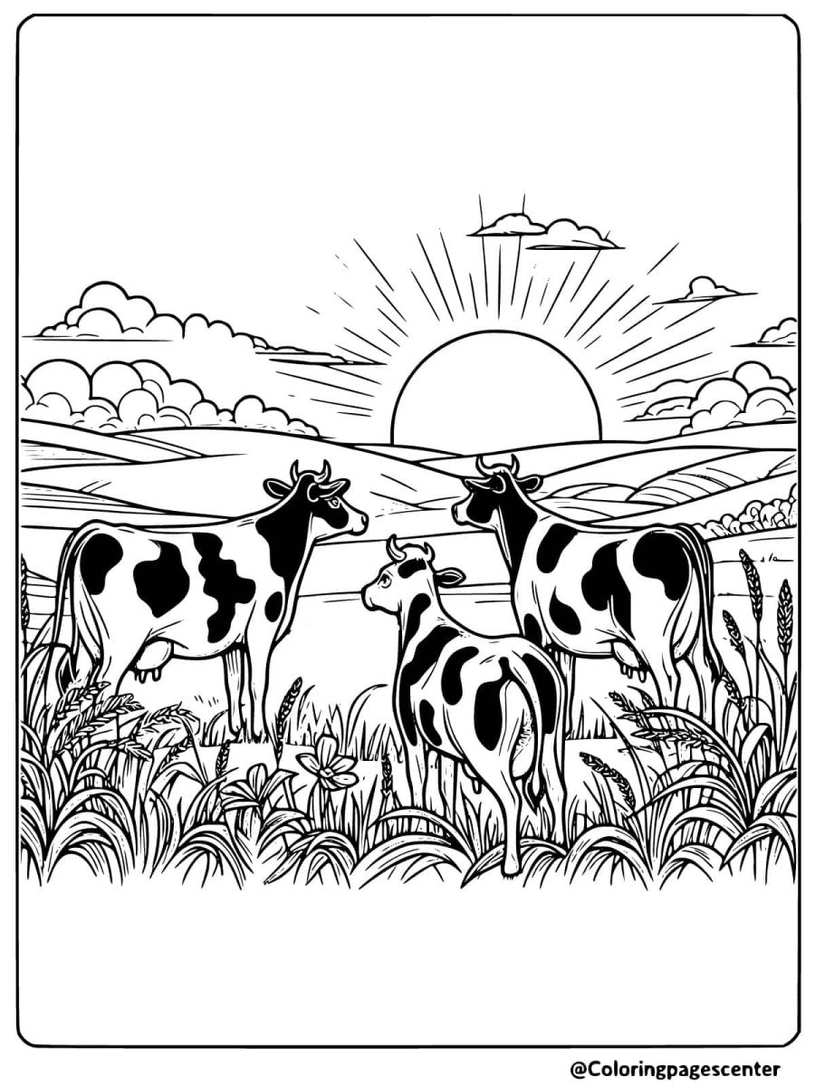 Coloring page of cows looking at the sunrise