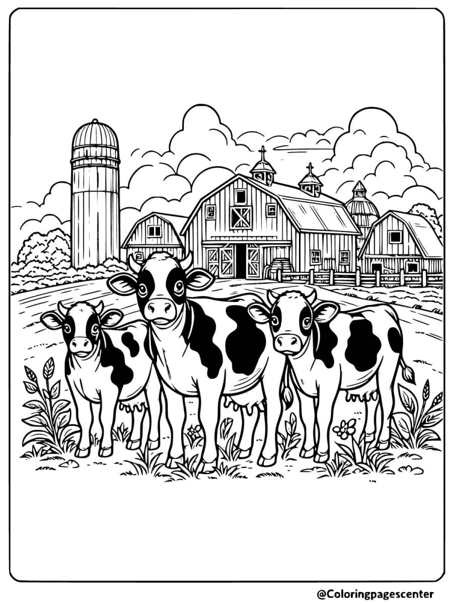 Printable coloring page of cows in a farm field