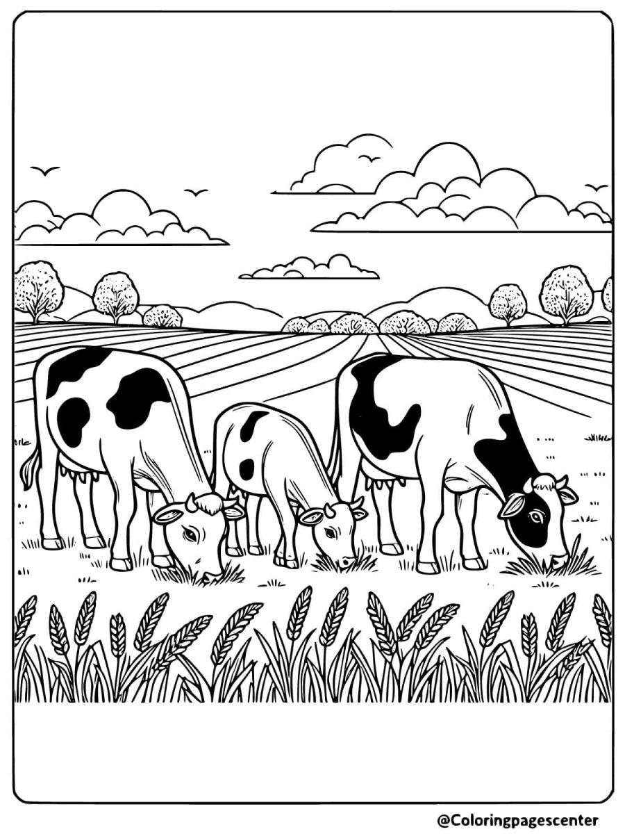 Printable coloring page of cows grazing in the grass