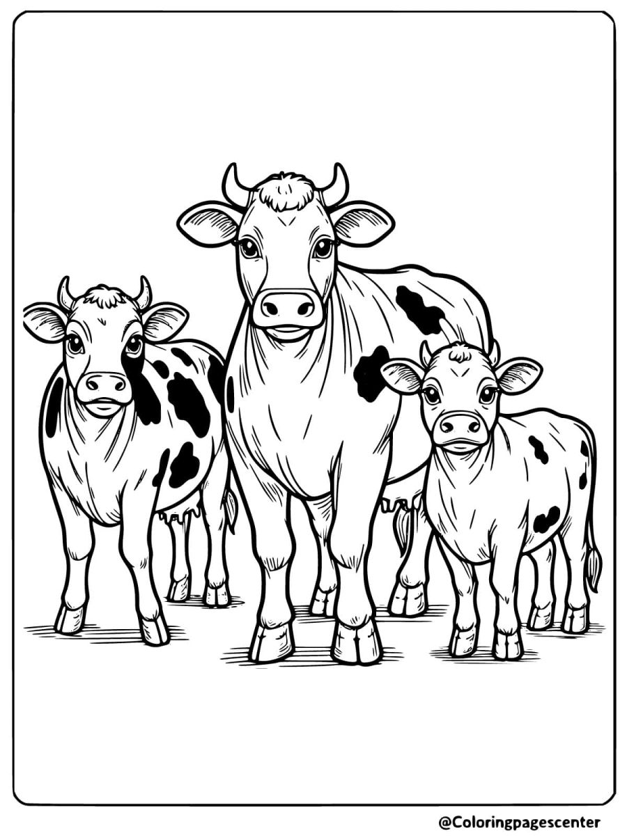 Coloring page of three cows standing in a row