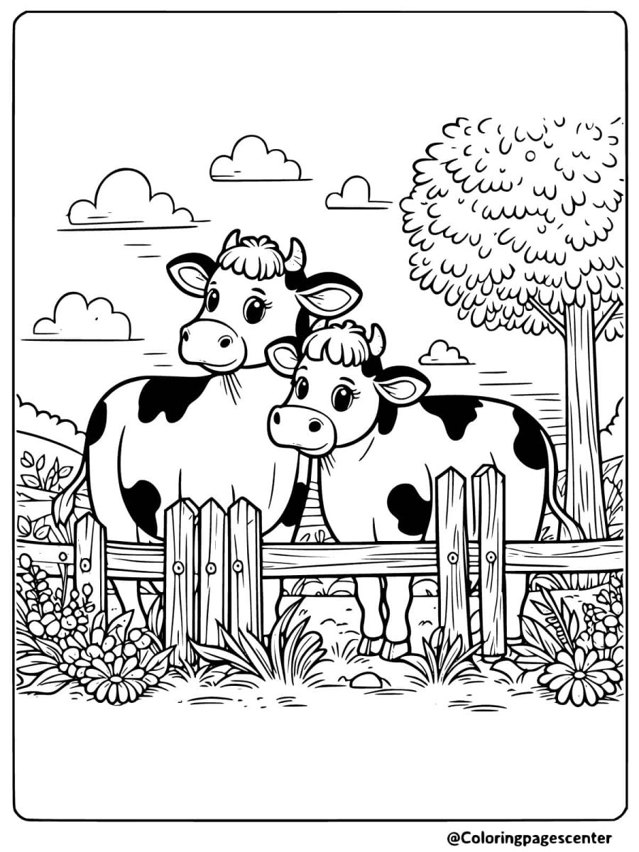 Coloring page of two cows standing near a wooden fence