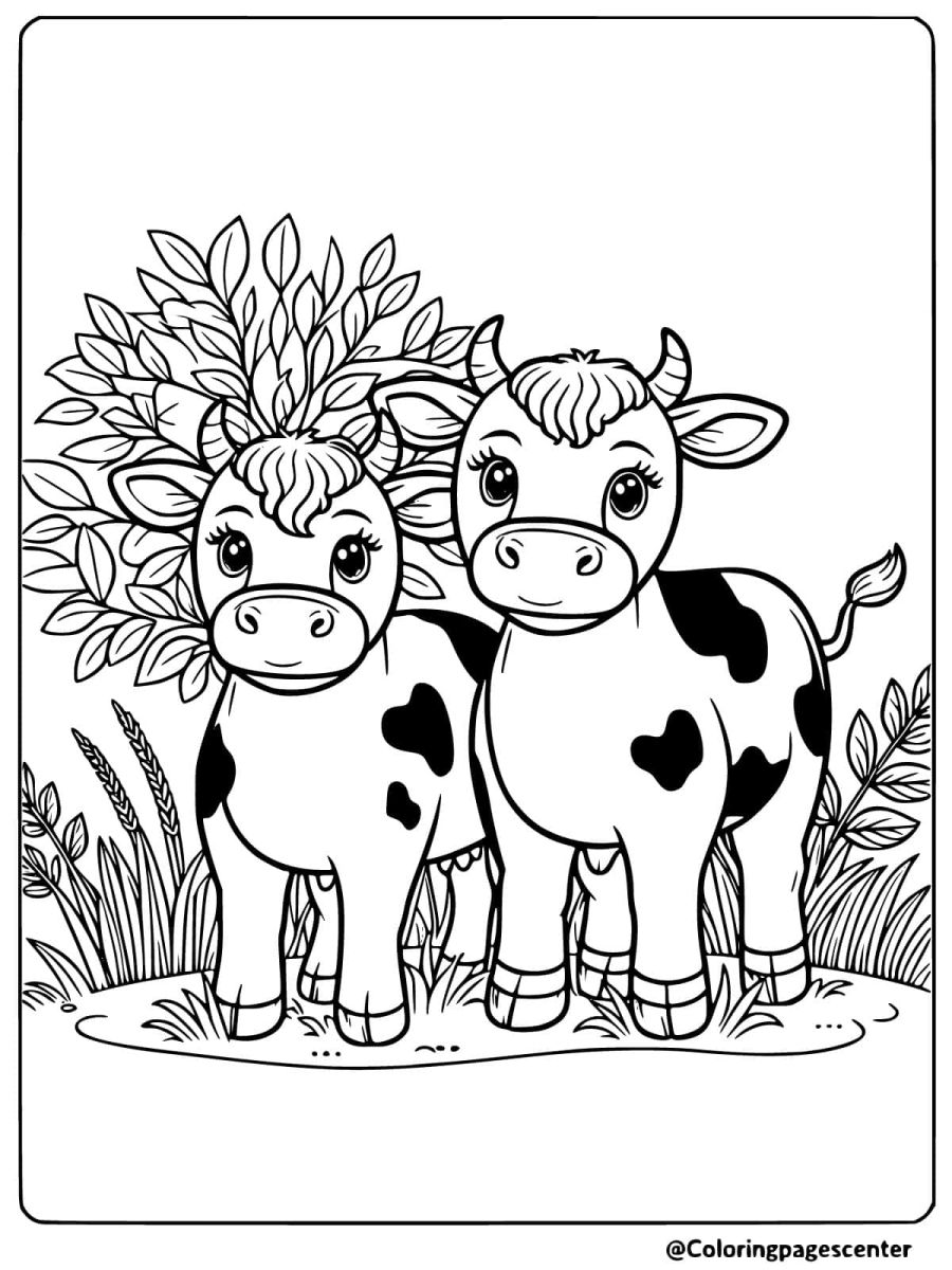 Coloring page of two cows standing in tall grass