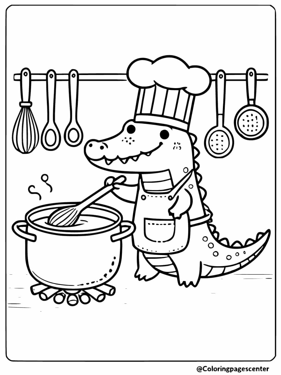 Crocodile dressed as a chef stirring a pot coloring page