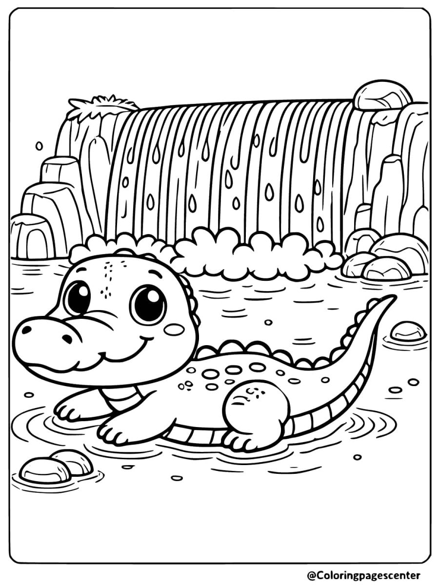 Crocodile enjoying a splash at waterfall coloring page