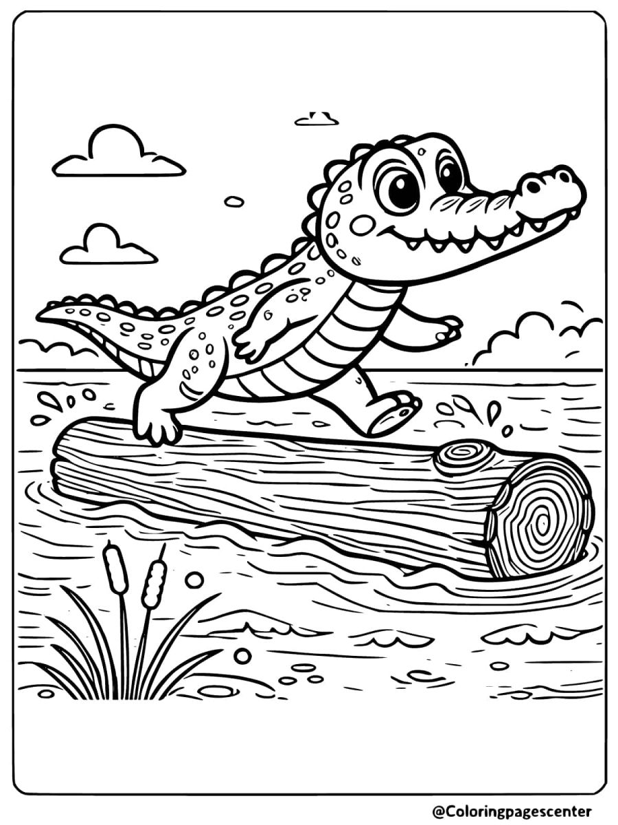 Crocodile walking on a log over water coloring page