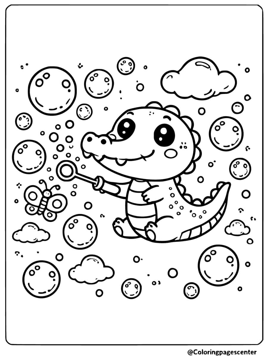 Crocodile playing and blowing bubbles coloring page