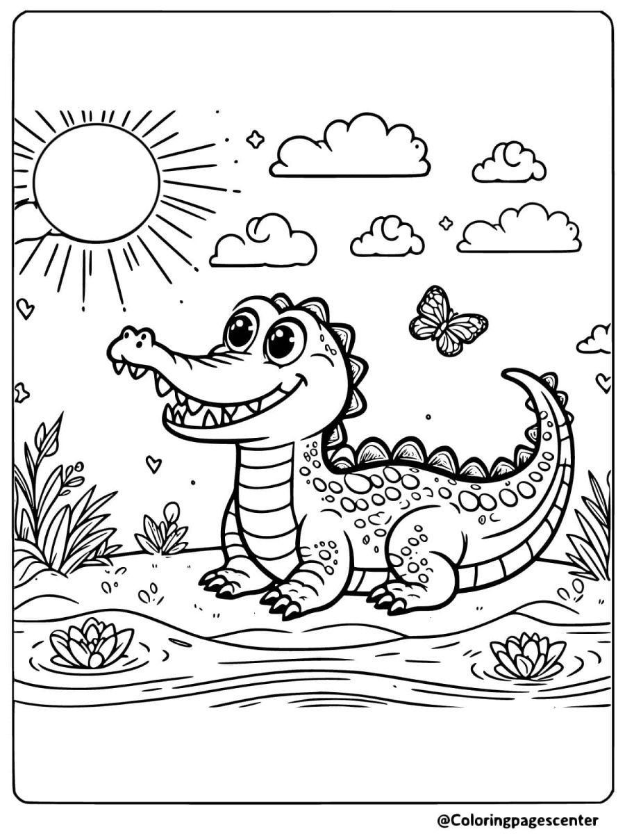 Crocodile by river with butterfly flying coloring page