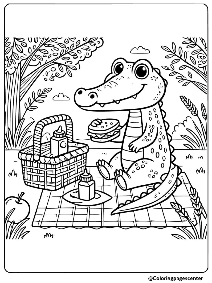 Crocodile having a picnic with a sandwich coloring page