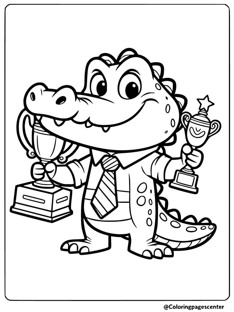 Crocodile holding two shiny trophies proudly coloring page