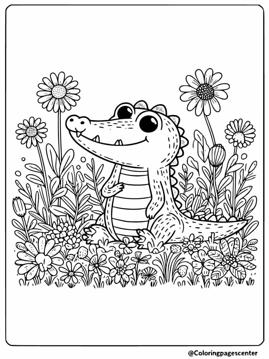 Smiling crocodile surrounded by flowers coloring page