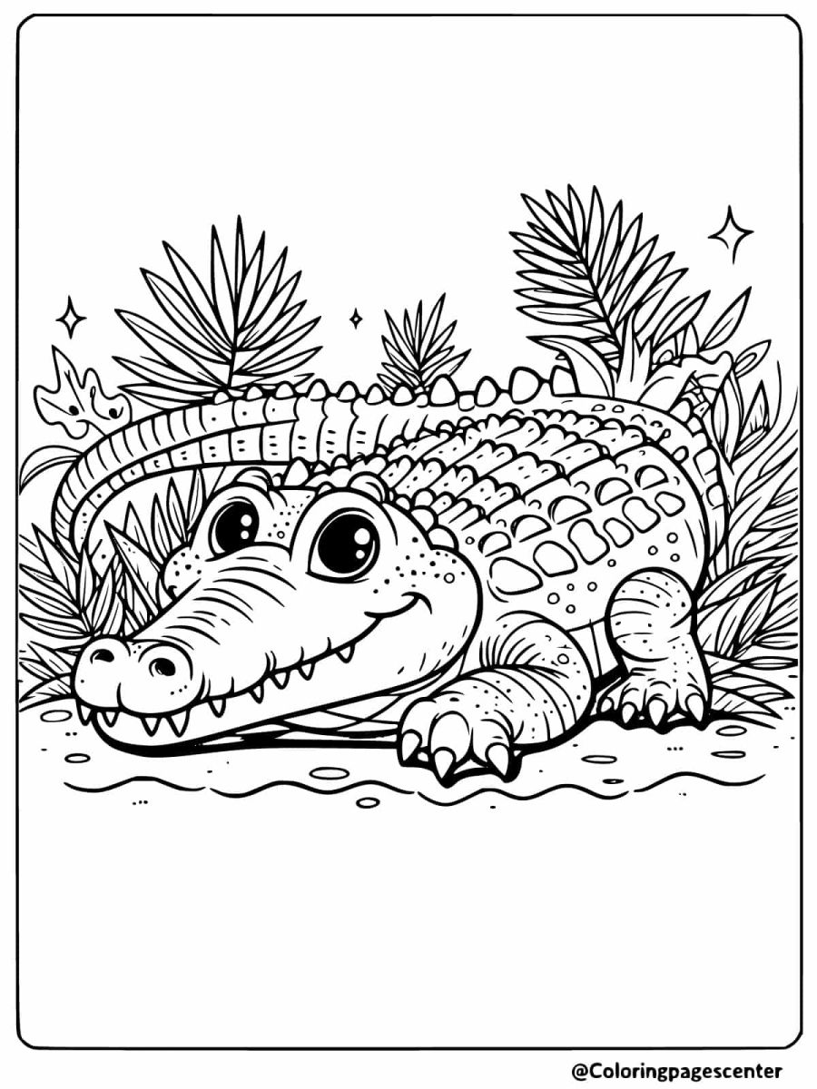 Crocodile smiling in a jungle clearing coloring page