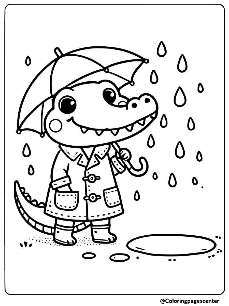 Crocodile with an umbrella walking in rain coloring page