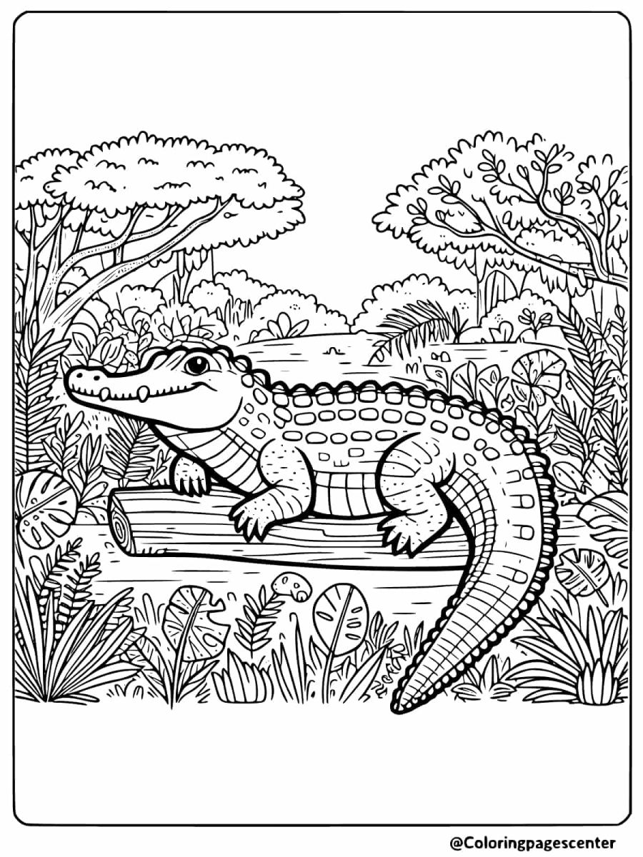 Crocodile resting on a log in jungle scenery coloring page