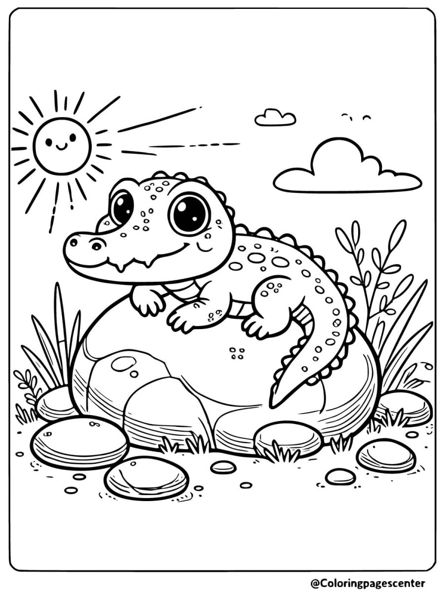 Young crocodile resting on rock with sun coloring page