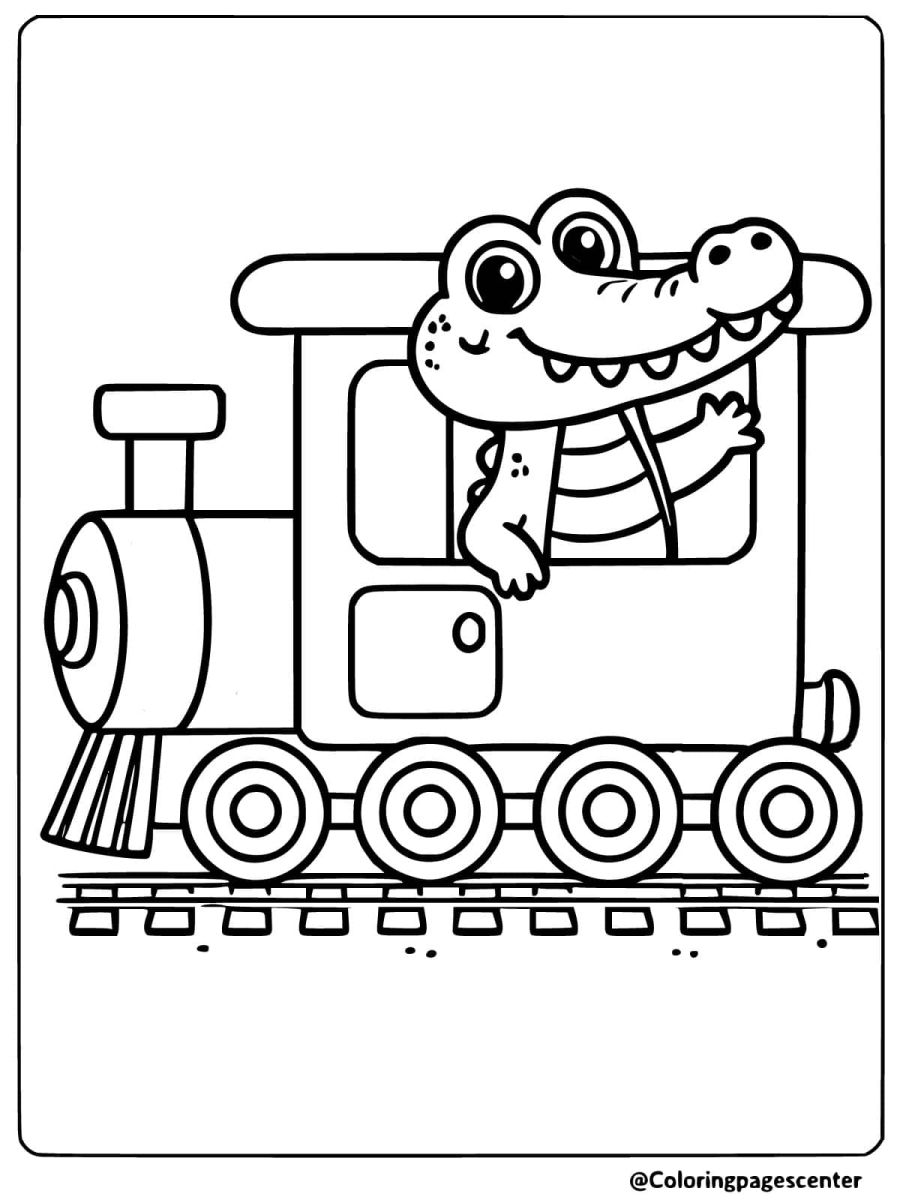 Crocodile smiling while riding a train coloring page