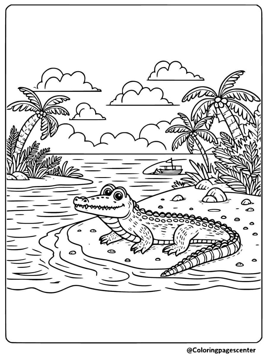 Crocodile relaxing on tropical island scene coloring page