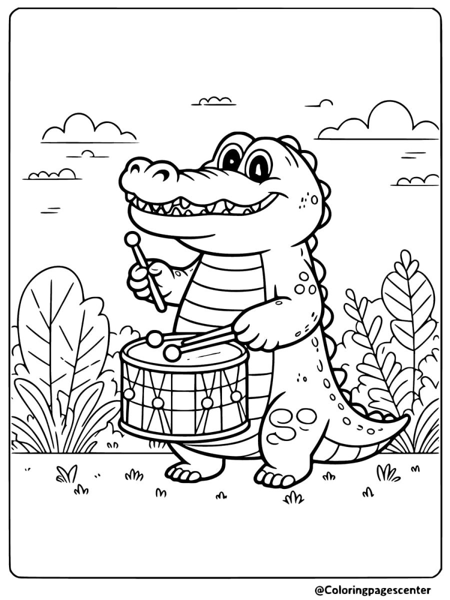 Happy crocodile playing drum outdoors coloring page