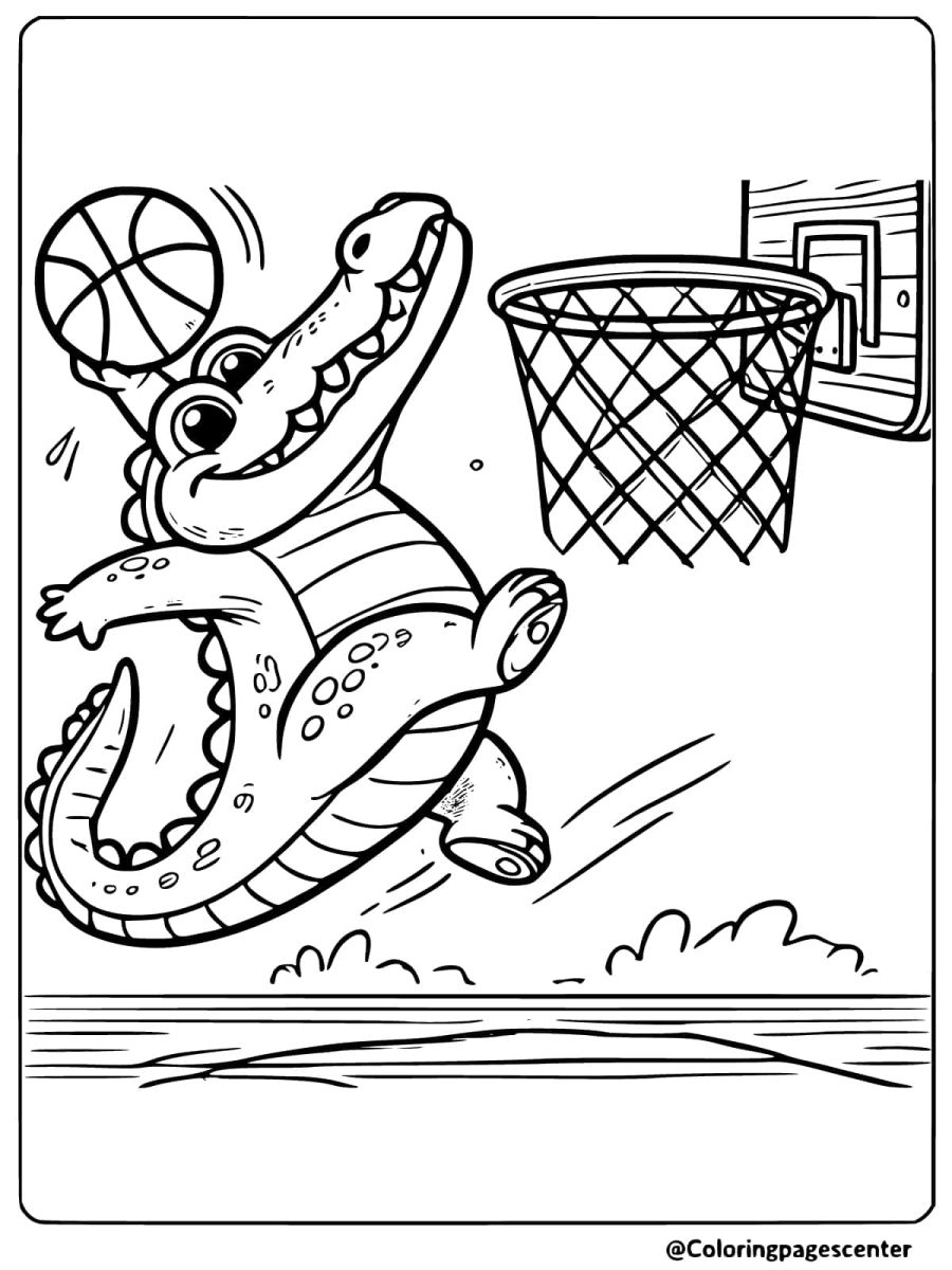 Crocodile jumping to dunk a basketball coloring page