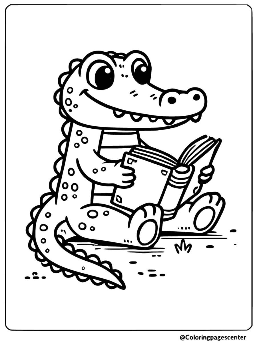 Crocodile sitting and reading a book coloring page