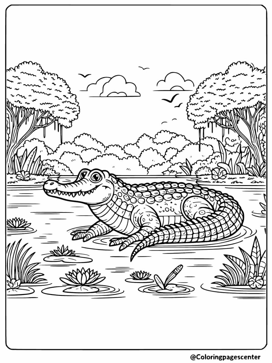 Crocodile resting in a calm swamp area coloring page