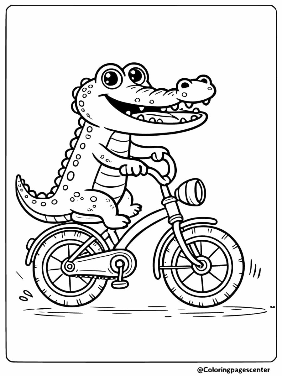 Crocodile happily riding a bicycle outdoors coloring page