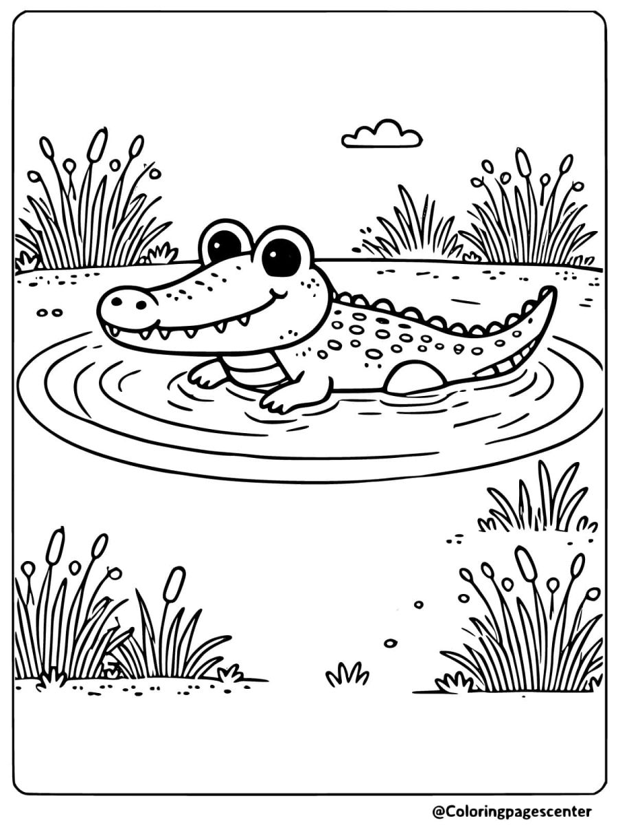 Crocodile relaxing in a small pond coloring page