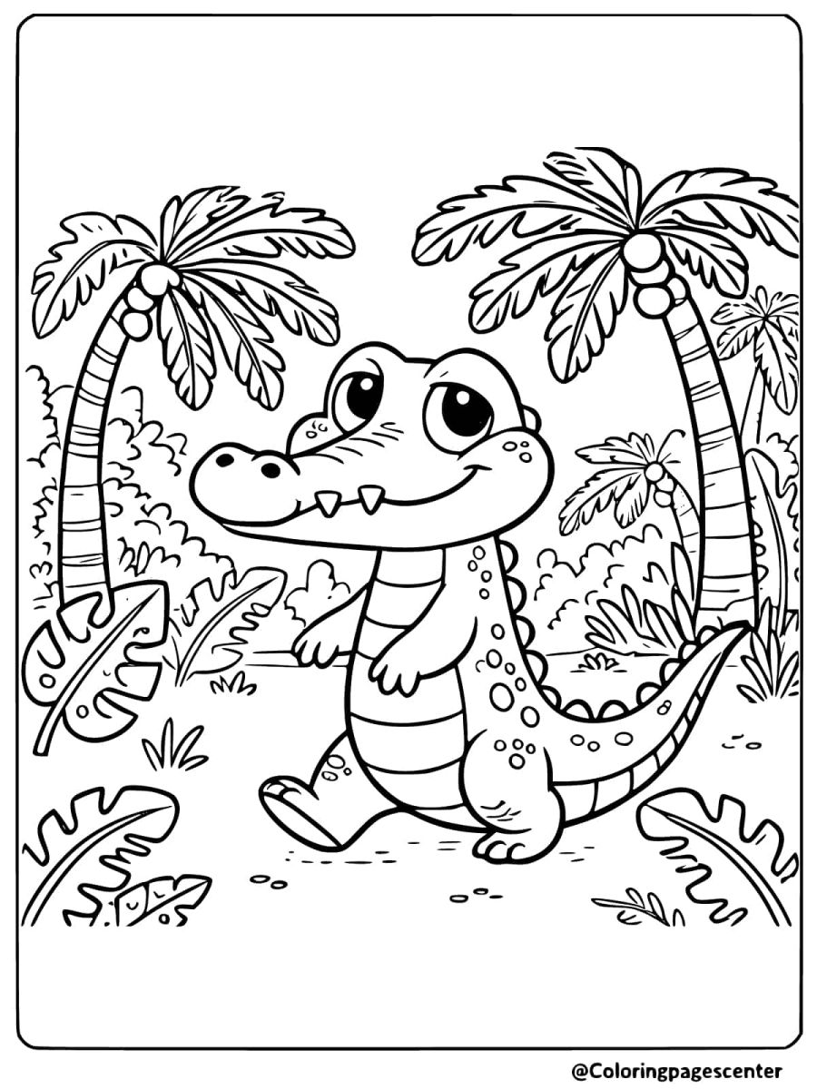 Smiling crocodile surrounded by flowers coloring page