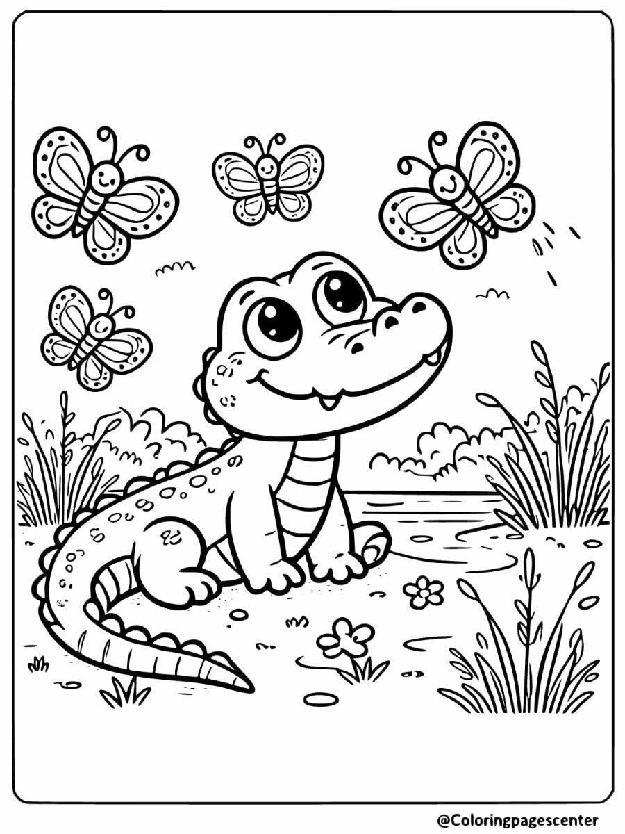 Crocodile happily watching butterflies coloring page