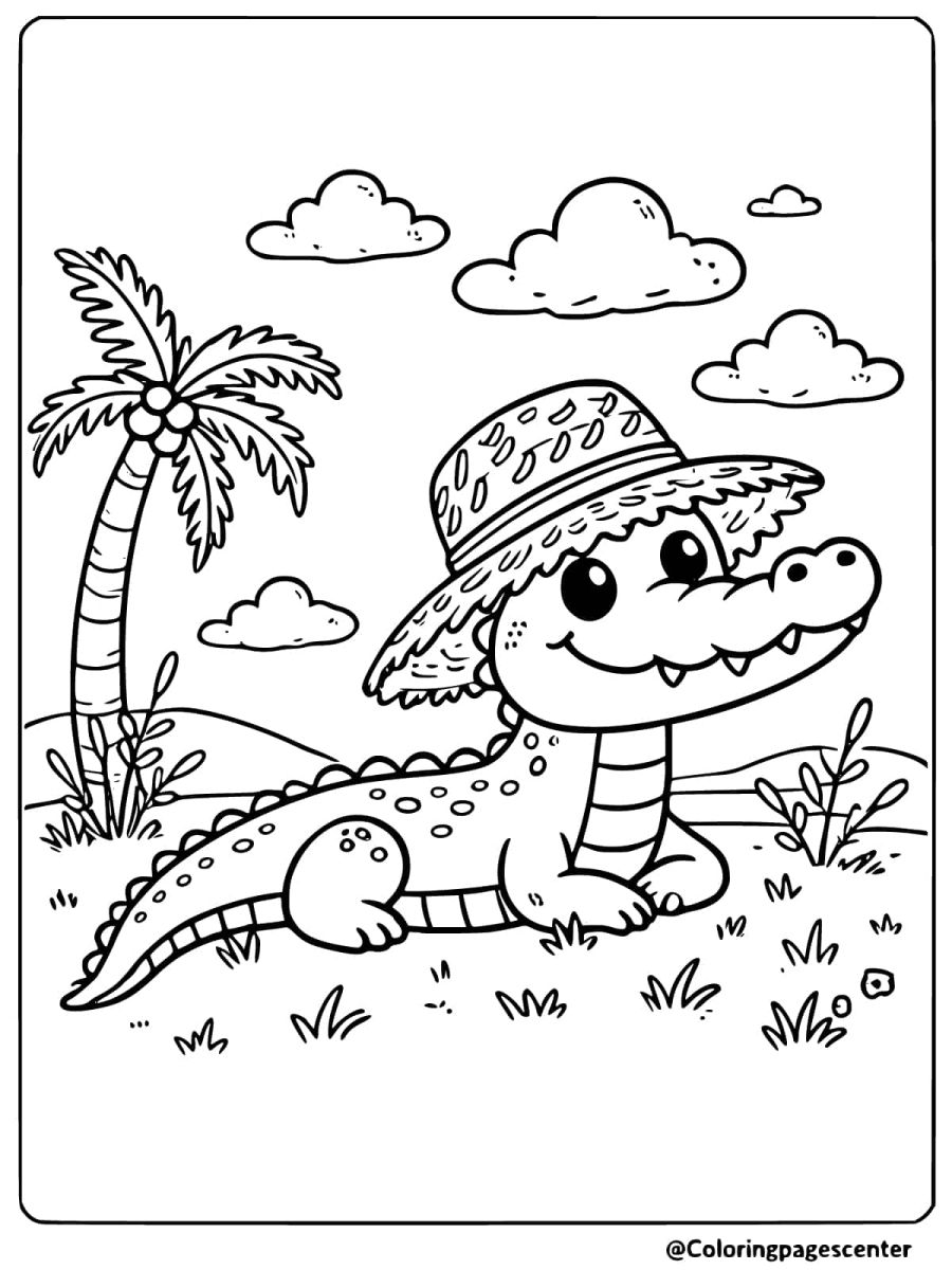 Crocodile wearing a straw hat under a palm tree coloring page