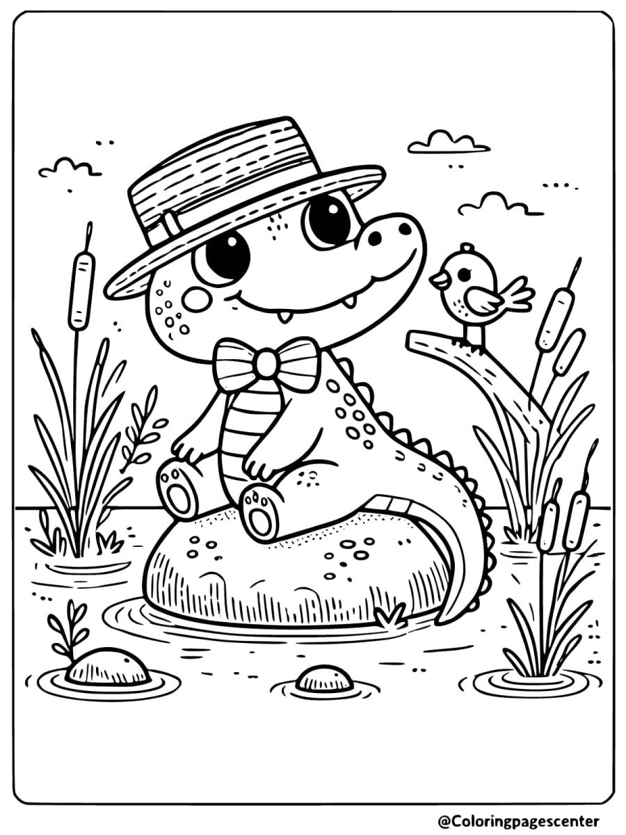 Crocodile sitting on a rock wearing a hat coloring page