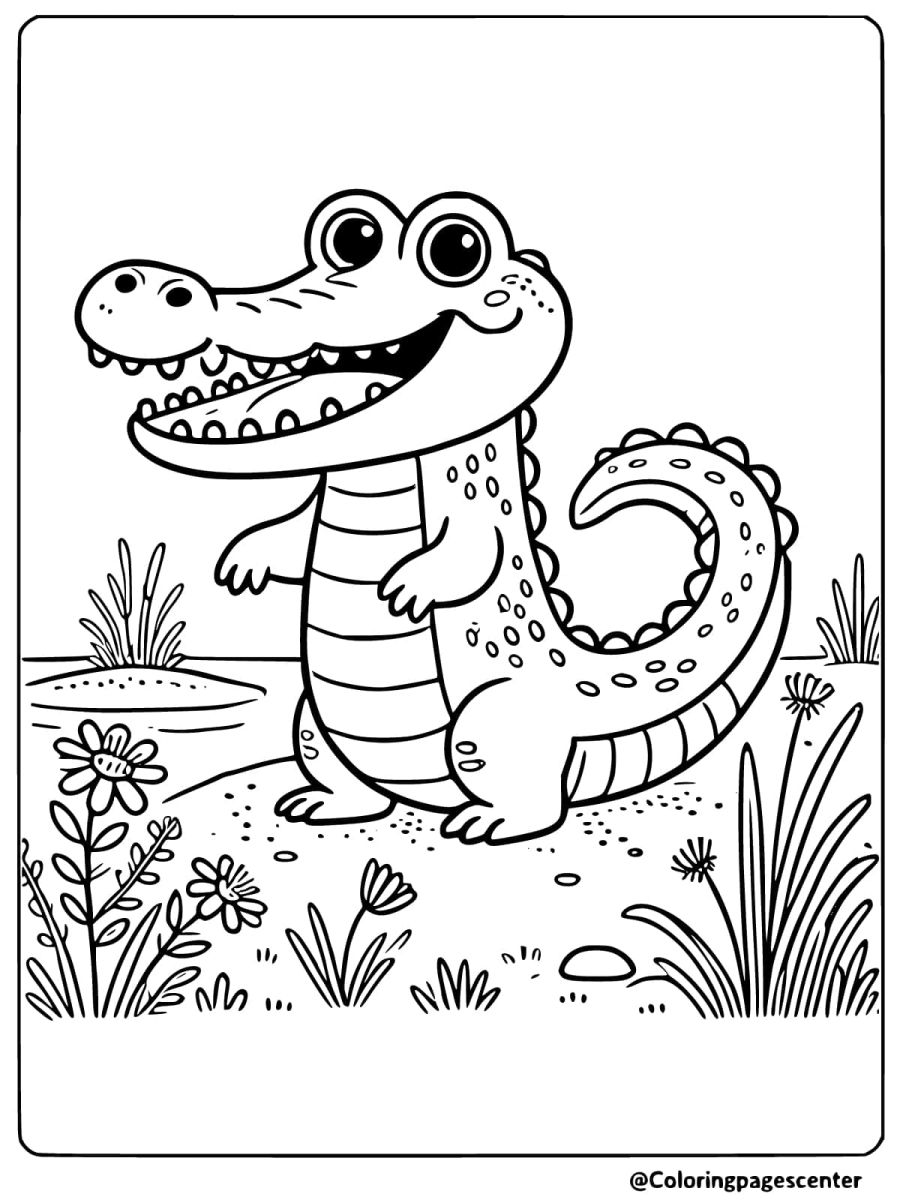 Crocodile standing happily in a flowery meadow coloring page